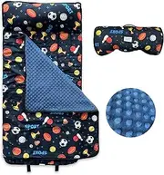 Toddler Nap Mat with Removable Pillow & Minky Blanket Roll Up Storage Kids Sleeping Bag Soft and comfortable Toddler sleeping bags for Travel camping Daycare Preschool