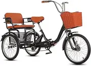 Folding 3 Wheels Bicycle for Senior and Adult,Large Rickshaw Tricycle with Pedals,Tandem Trike with Back seat,Cruiser Bike with Dual Brakes,Hydraulic Front Fork