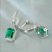 4Ct Emerald Cut Lab Created Emerald Drop Dangle Earrings 14K White Gold Finish
