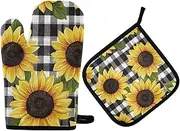 Quteprint Sunflowers Plaid Pattern Heat Resistant Oven Mitts and Pot Holders Set - 500F Thick Quilted Cotton Kitchen Gloves with Non-Slip Grip for Cooking, Baking, Grilling & BBQ