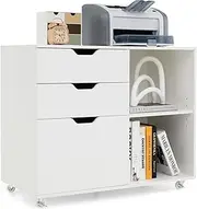 Giantex 3-Drawer File Cabinet, Mobile Printer Stand Cabinet with Adjustable Shelf, Rolling Lateral Filing Cabinet with Wheels for Letter, A4, Legal Size, for Home Office Organization (White)