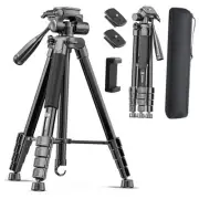 73" Camera Tripod Stand, Aluminum Tripod with Phone Holder, Travel Bag, Black