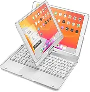 360°Rotatable Keyboard Case for iPad 9th/8th/7th Generation 10.2-inch,for iPad Air 3rd Gen/Pro 10.5-inch Case with Touch Keyboard,Foldable Cover with Pencil Holder,7 Colors Backlit,Silver