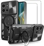 Case for Motorola Moto G 5G 2025 + Screen Protector, Hard PC Anti-Scratch&Shockproof Protective Phone Case with Bumper Protection, Rotate Ring Kickstand Magnetic Case with Lens Slider, Black