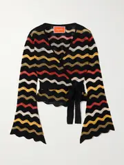 [La DoubleJ] La DoubleJ - Zephyr Scalloped Striped Pointelle-knit Linen-blend Wrap Top - Black - x small x small Black