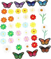 Hohopeti 39pcs Daisy Butterfly Embroidery Patches Sew Appliques for Clothing Repair Decoration for Jeans Shirts Bags and Crafts