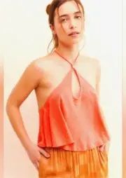 FREE PEOPLE Halter Crop Tank Top Open Back Linen Viscose Blend Stretch Women XL