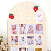 Strawberry One Year Old Photo Board - My First Year Photo Display Wood Board, Sweet One Monthly Milestone Photo Board, Strawberry theme 1st Birthday Decoration, 12 Months Photo Frame (white words)