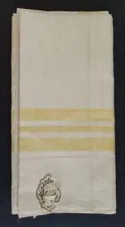 vintage IRISH LINEN TABLECLOTH w tag HEATHER LINENS 63x63 yellow stripe ecru NOS