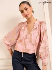 Love & Roses Blush Feather Metallic Shirred Cuff Blouse (AW3142) | $102