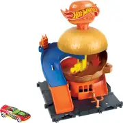Toy Car Track Set, City Burger Drive-Thru Playset & 1:64 Scale Car, Connects ...