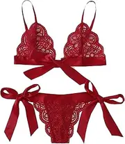 [Generic] Womens Corset Lingerie Bra Bow Side Scalloped Women Lingerie Sexy Lace Underpant Set Trim Tie Third Love Lingerie