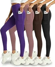 [Mlenhor] 4 Pack Leggings with Pockets for Women - Soft High Waisted Tummy Control Workout Yoga Pants, 4 Pack-purple/Pink/Coffee/Black, 4X-Large