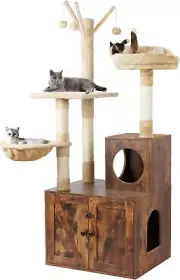 Litter Box Enclosure with Cat Tree, 2-In-1 Modern Cat Condo with Scratching Post