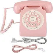 Pink Vintage Phone, 80's Retro Landline Phone, Old Fashioned Rotary Dial Phone Desk Phone, with UK + US Line, Home Bedroom Decor