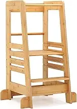 BABY JOY Toddler Standing Tower, Montessori Height Adjustable Kitchen Step Stool for Kids, Bamboo Kids Standing Tower w/Safety Rail, Learning Tower Stool for Bathroom Kitchen Counter, Natural