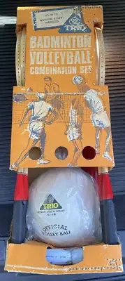 Trio Badminton Volleyball Combination Set Ball Net Brackets Wooden USA Vintage