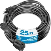 25 Feet Outdoor Extension Cord, SJTW 16AWG/13A 3 Prong Flexible Long Wires BK