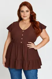 Brown Short Sleeve Textured Jersey Button Ruffle Top