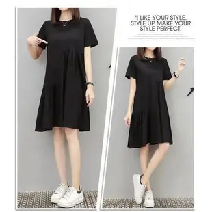 M-4XL 夏季洋裝 短洋裝 短袖洋裝 黑色 連身洋裝 韓版洋裝 不規則拼接遮肚顯瘦裙子 LR411