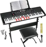 SFESGRER Keyboard Piano 61 Key Electric Piano Keyboard for Beginners/Professional, Portable Light Up Music Keyboard Built-in Dual Speakers with LED Display, Music Stand, Stand, Microphone, Bench (A)