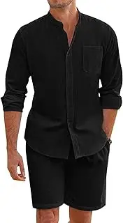 [HanzhuoLG] Men's Casual Cotton Linen Two Piece Set Solid Color Simple Henley Collar Long Sleeve Linen Shirt & Linen Shorts 2 Pcs Set Small Black