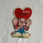 Vintage Valentine's Day Card Elephant Reader Books Valentine Ephemera Diecut
