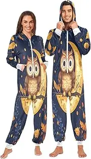 [ZZXXB] Owl on The Moon Onesie Pajamas for Adult Women Men Long Sleeves One Piece Onesies Hooded Sleepwear S - XL