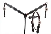 Western Leather Tack Set of headstall and Breast Collar with Blue Stones