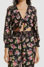 $350 Alice + Olivia Women's Black Floral Smocked Front Tie Blouse Top Size L
