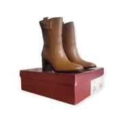 Bally Womens Doris Boots Tan Leather Stamp Logo Mid Calf Block Pull On 8.5 M New
