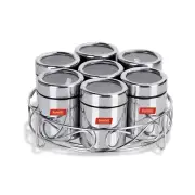 Stainless Steel + See Through Lid Masala /Dry Fruit with Stand and 7 Spoons