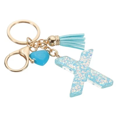 Initial Letter Keychain, Letter x Heart Design Charm with Tassels, Blue