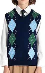 [BOBOYOYO] Boys Argyle Sweater Vest 100% Cotton V-Neck Vest Kids Uniform Sleeveless Sweaters for Children 5-12Y