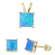 Square Yellow Gold Plated Blue Opal Earring & Pendant .925 Sterling Silver Set