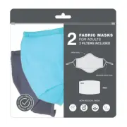 2pc Milleni 22.5cm Blue/Grey Reusable Cotton Washable Cloth Face Masks w/ Filter