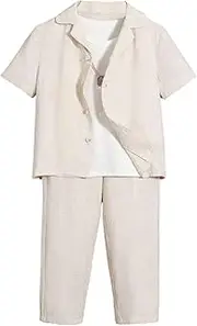 [Verdusa] Boy's 2 Piece Outfits Linen Set Button Up Matching Set Short Sleeve Shirt and Drawstring Waist Vacation Pants Set