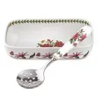 Garden Cranberry Dish and Slotted Spoon 2-Piece Set Rhododendron Motif Measures