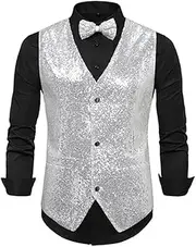 [HEYDHSDC] Men Vintage Sequins Suit Dress Vests With Pockets Ball Party Stage Performance Splice Waistcoat Silver L