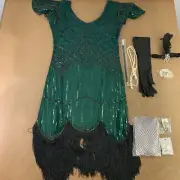 Women's Size XL Green Black Sequin Fringe Flapper Dress & Accessory Set 9 Pieces