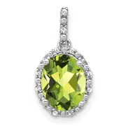 14k White Gold Oval Peridot and Real Diamond Halo Pendant