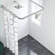 Shower Curtain Rod U-Shaped, Adjustable 85-120 cm Length 304 Stainless Steel Curtain Rail, Rust-Proof Rack with Black and White Grid Shower Curtain and Hooks