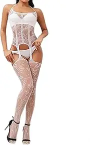 [QFSH] Women Fishnet Bodystocking Sexy Crotchless Bodysuit Flower Nightwear Lingerie