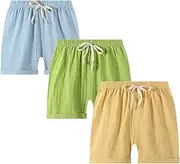 [EISHOW] Toddlers Baby Boys Girls 3 Pack Lightweight Cotton Linen Shorts Pants Summer Solid Short Beach Pants with Pockets