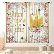Princess Curtains for Girls Bedroom, Once Upon a Time Magic Gold Castle Romantic Pink Watercoror Floral Fairy Dreaming Window Drapery Treatments for Living Room Home Bathroom 2 Panels, 84"x63" Inch