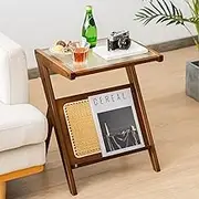 Giantex Boho End Table with Magazine Rack, Versatile Bamboo Bedside Table with Tempered Glass Top, Z-Shaped Couch Accent Table with Rattan Shelf for Living Room Bedroom