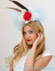 Aimee Fuller Ascot Fascinator Hat Cream Light Baby Blue Tulle Red Rose Flower