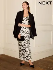Black/White Spot Print Satin Cami Midi Slip Dress (AJ5880) | $71