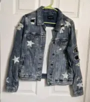 MISS ME Denim Jacket Distressed W GREEN CAMO Patching WHITE STARS Women's M NWT