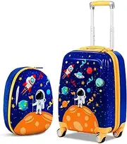 [BABY JOY] 2 PC Kids Carry On Luggage Set, 12” Backpack & 18” Toddler Suitcase, Hard Shell Travelling Case & Backpack w/ 4 Rotating Casters, Cute Rolling Trolley Case for Boys & Girls, Multicolor, 13 x